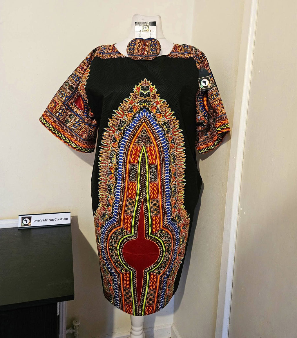 Black Dashiki Tunic Dress & Earrings